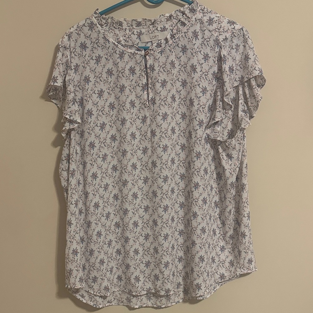 LOFT Ruffle Sleeve Floral Blouse - White and Blue